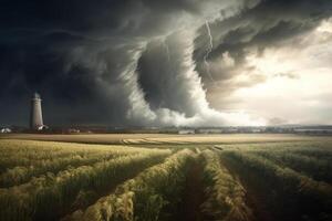 Tornado rages through a field. Illustration photo