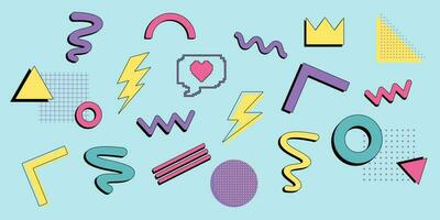 Abstract neo memphis geometric figures. Collection of trendy vector geometric shapes. Memphis design, retro elements from 80-90s. Vector illustration.