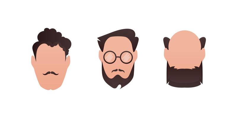 Set Faces of men with different styles of haircuts. Isolated on white background. Vetkaran illustration.