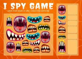 Child I spy game with Halloween monsters maws vector