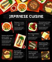 japonés cocina comida menú, asiático pescado y carne vector