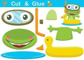 Funny frog with diving goggles on duck inflatable ring. Cutout and gluing. Vector cartoon illustration