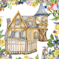 acuarela granja composición con flores casa en dibujos animados estilo. mano dibujado ilustración de verano.perfecto para álbum de recortes, niños diseño, Boda invitación,carteles, saludos tarjetas, fiesta decoración. png