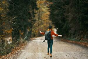 mujer en pantalones chaqueta con un mochila camina a lo largo el la carretera en el otoño bosque foto