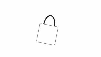Animated bw shopping bag. Black white thin line icon 4K video footage for web design. Swaying tote with handle isolated monochromatic flat object animation with alpha channel transparency