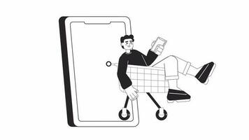 Success online purchase bw animation. Animated smiling guy in trolley rolls out of phone 2D flat monochrome thin line character. 4K video concept footage, alpha channel transparency for web design