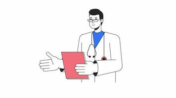 Animated smiling male doctor. Asian man physician holding clipboard isolated 2D animation. Cartoon flat line character 4K video footage, white background, alpha channel transparency for web design
