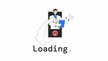 Telemedicine loader animation. Animated online doctor in smartphone. Flash message 4K video footage. Isolated outline colour loading animation with alpha channel transparency for UI, UX web design