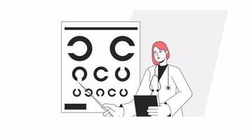 Check vision animation. Animated female optometrist near eye chart on wall 2D cartoon flat colour line character. 4K video concept footage on white with alpha channel transparency for web design