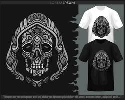 Monochrome color skull head mandala arts isolated on black and white t shirt. vector