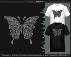 Monochrome color beautiful butterfly mandala arts isolated on black and white t shirt. vector