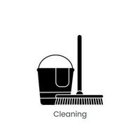 Cleaning icon with the image of a bucket and a mop, glyph vector illustration.