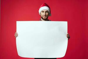 Cheerful man in a christmas white mockup poster red background photo