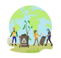 People sort garbage by type into containers for recycling. Ecology concept. Flat vector illustration. Care garbage separation people sorting garbage, eco containers, separate waste for taking care .