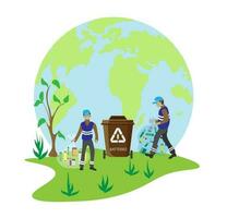 People sort garbage by type into containers for recycling. Ecology concept. Flat vector illustration. Care garbage separation people sorting garbage, eco containers, separate waste for taking care .