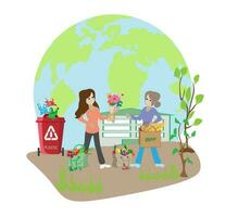 People sort garbage by type into containers for recycling. Ecology concept. Flat vector illustration. Care garbage separation people sorting garbage, eco containers, separate waste for taking care .