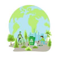 People sort garbage by type into containers for recycling. Ecology concept. Flat vector illustration. Care garbage separation people sorting garbage, eco containers, separate waste for taking care .