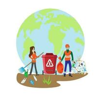 People sort garbage by type into containers for recycling. Ecology concept. Flat vector illustration. Care garbage separation people sorting garbage, eco containers, separate waste for taking care .