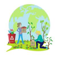 People sort garbage by type into containers for recycling. Ecology concept. Flat vector illustration. Care garbage separation people sorting garbage, eco containers, separate waste for taking care .