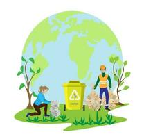 People sort garbage by type into containers for recycling. Ecology concept. Flat vector illustration. Care garbage separation people sorting garbage, eco containers, separate waste for taking care .