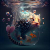 Cute cat in aquarium with water and bubbles. 3d rendering, Image photo