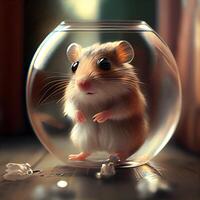 Hamster in a glass bowl. 3d rendering. Computer digital drawing., Image photo