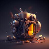 3d rendering of an old robot in a dark background with fire and smoke, Image photo