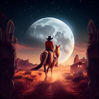 ilustración de un vaquero montando un caballo en el Desierto con un lleno luna, ai generativo imagen foto