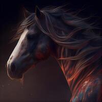 Digital painting of a horse in the fire on a black background., Image photo