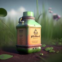 3D illustration of a bottle with a label and a plant inside., Image photo