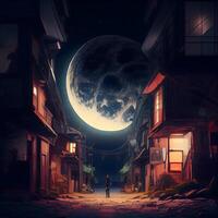 Halloween night scene with full moon and dark street. Halloween concept., Image photo