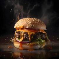Hamburger with smoke on a black background. Toned., Image photo