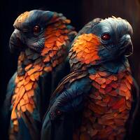 dos loros con naranja y azul plumas en un negro fondo., ai generativo imagen foto