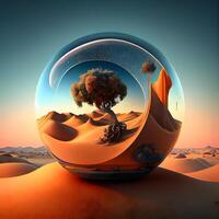 Fantasy landscape in a glass sphere. 3D rendering. Computer digital drawing., Image photo