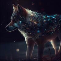 digital pintura de un lobo en el noche bosque con luces y estrellas, ai generativo imagen foto