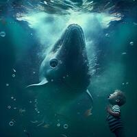 Little boy looking at big whale in deep ocean. 3d rendering, Image photo