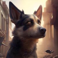 Fantasy portrait of a dog on a background of the city., Image photo