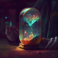 Hands holding a crystal ball with fire inside, conceptual image., Image photo