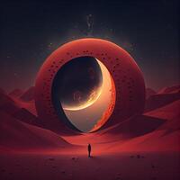 Man looking at the moon in the desert. 3D illustration., Image photo