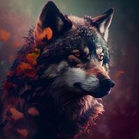 Portrait of a wolf on a background of autumn leaves. Digital painting., Image photo