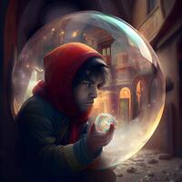 Little boy in a red cap and scarf looks through a crystal ball., Image photo