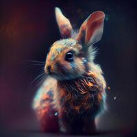 Funny little rabbit on a dark background. Digital painting. Colorful illustration., Image photo
