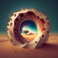 3D illustration of a desert landscape with a tree in a hole, Image photo