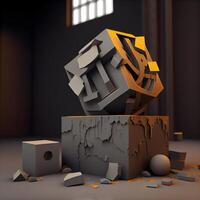 3d render of an abstract scene with a stone cube in the middle, Image photo