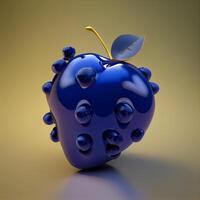 azul manzana con gotas de agua en un amarillo antecedentes. 3d ilustración, ai generativo imagen foto