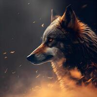 Portrait of a wolf in the smoke on a dark background., Image photo