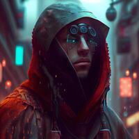 Portrait of a futuristic man in a hood and glasses. 3d rendering., Image photo