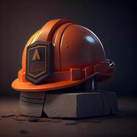 Hard hat on a piece of wood. 3d illustration on dark background, Image photo