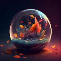 Magic crystal ball with autumn leaves inside. 3D rendering illustration., Image photo