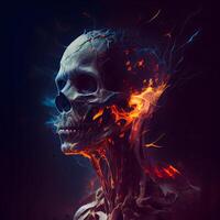 3D illustration of a human skull with flames on a dark background, Image photo